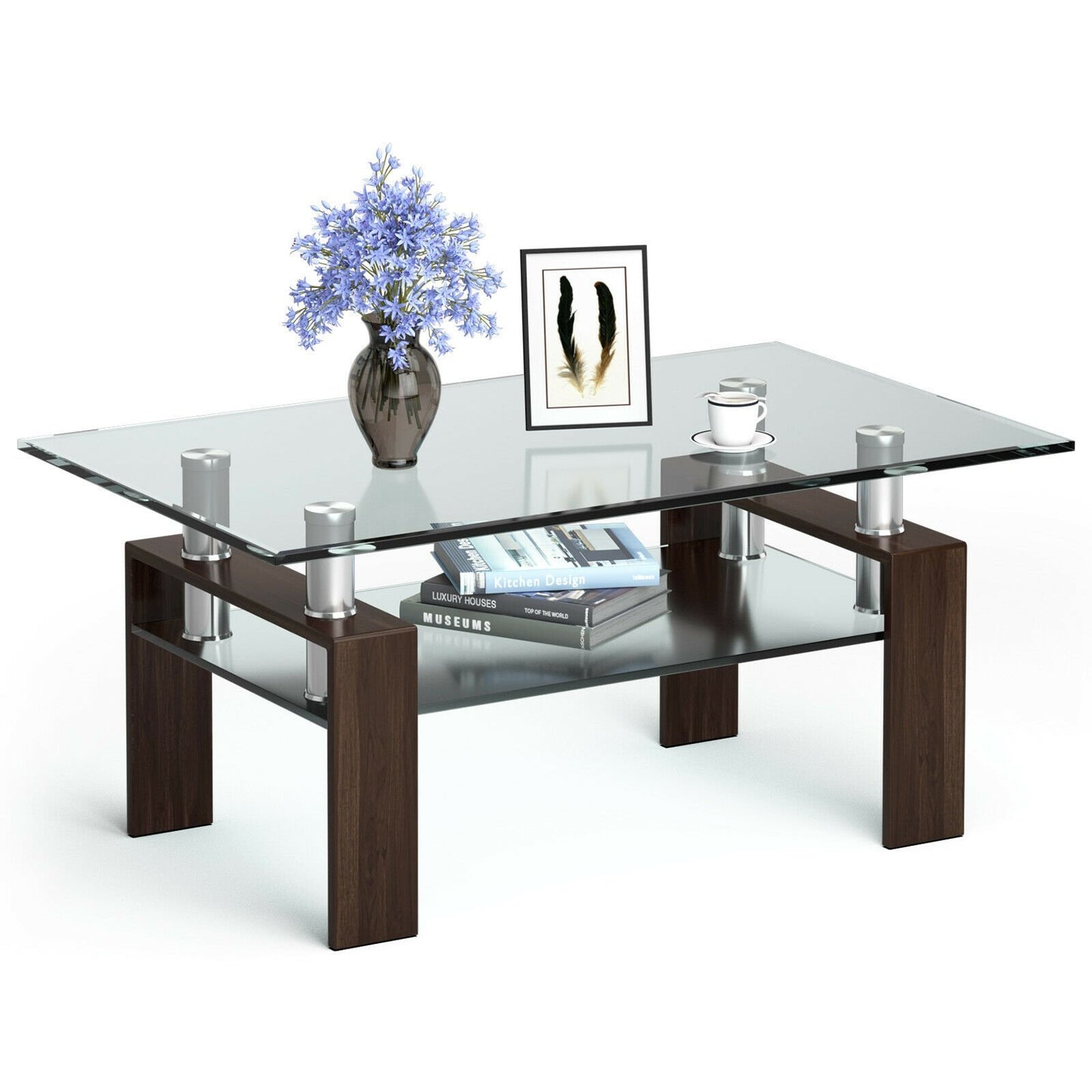 Rectangle Glass Coffee Table with Metal Legs for Living Room-Black