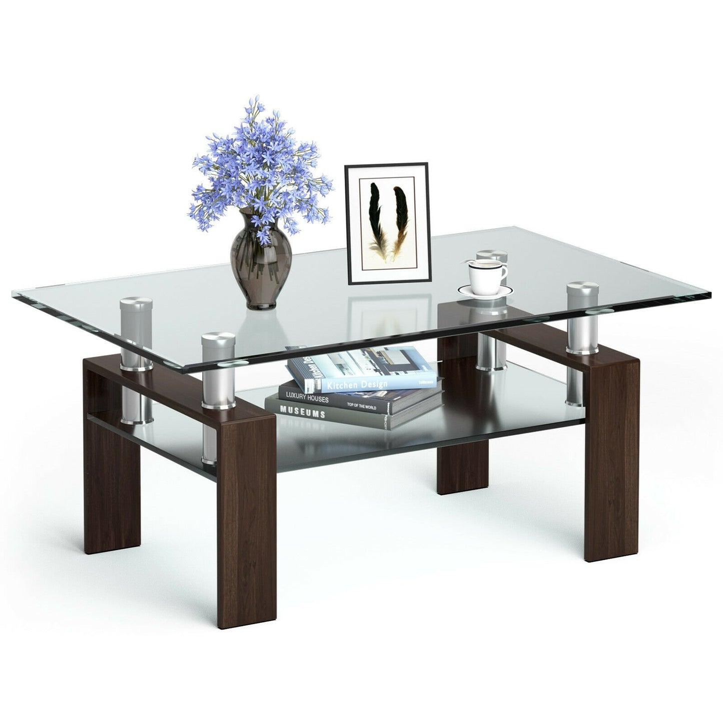 Rectangle Glass Coffee Table with Metal Legs for Living Room-Brown