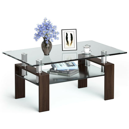 Rectangle Glass Coffee Table with Metal Legs for Living Room-Black