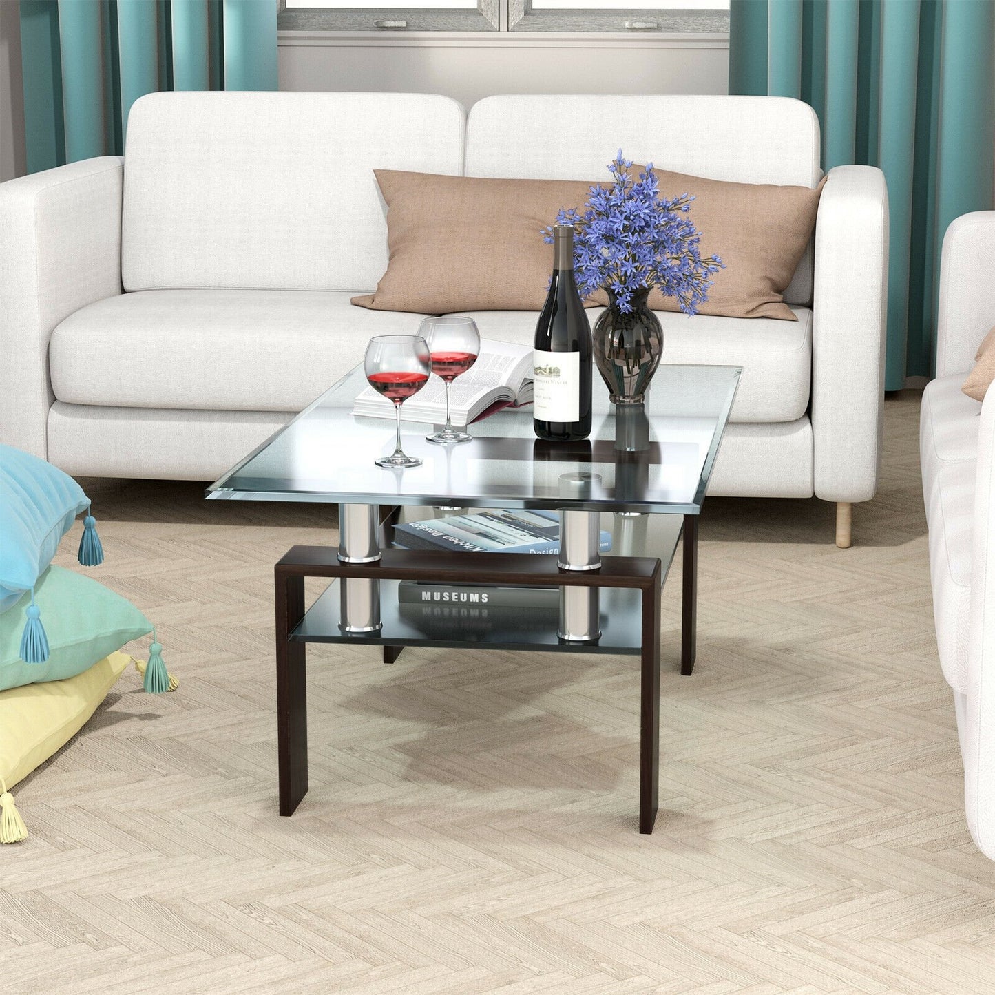 Rectangle Glass Coffee Table with Metal Legs for Living Room-Black
