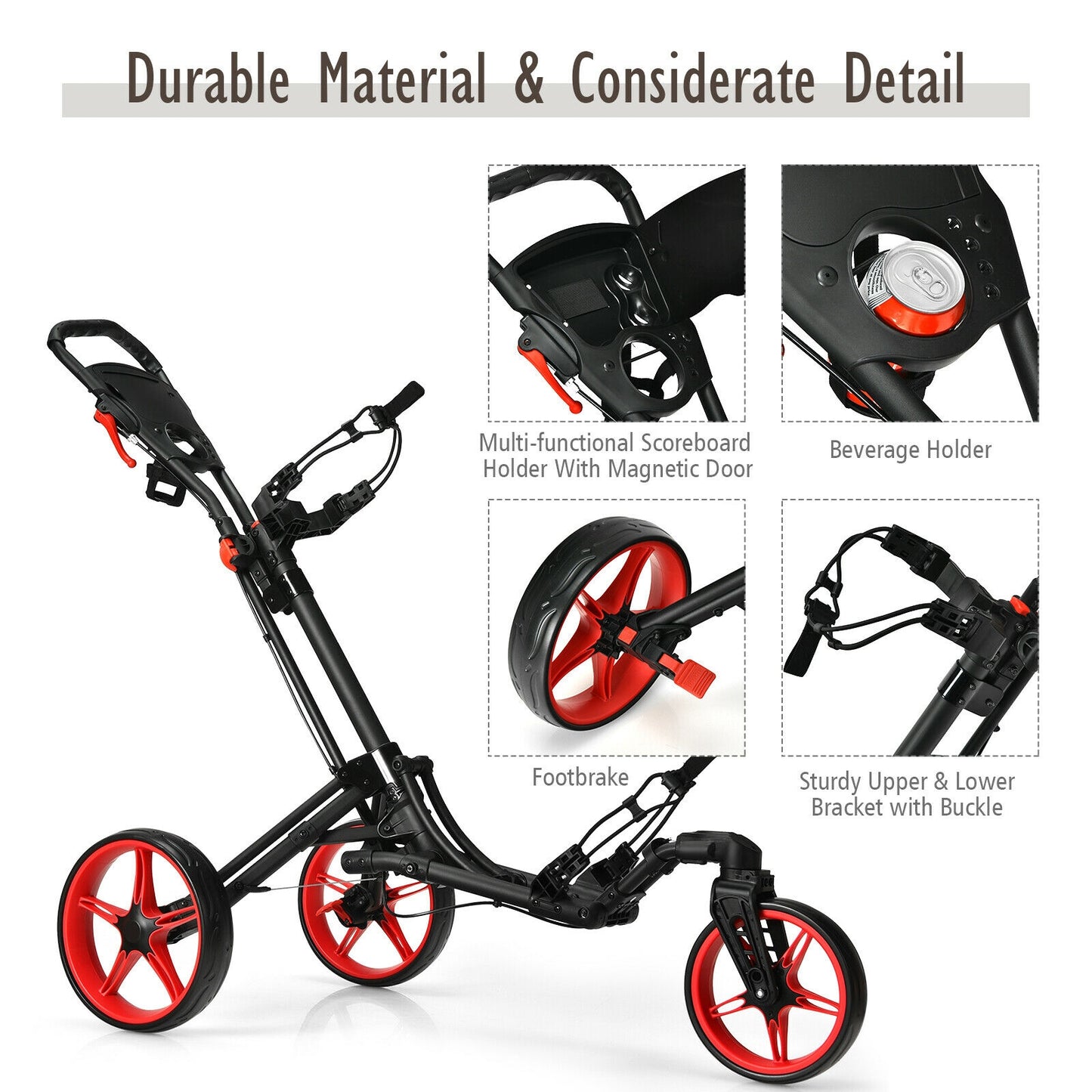 Folding Golf Push Cart with Scoreboard Adjustable Handle Swivel Wheel-Red