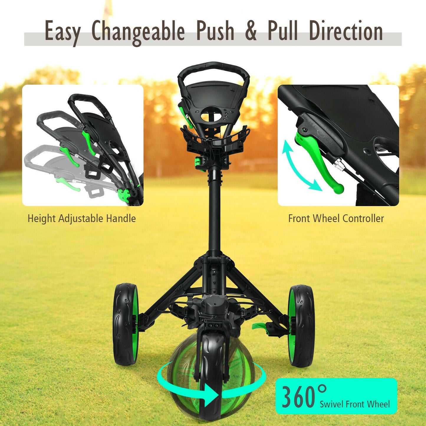 Folding Golf Push Cart with Scoreboard Adjustable Handle Swivel Wheel-Green