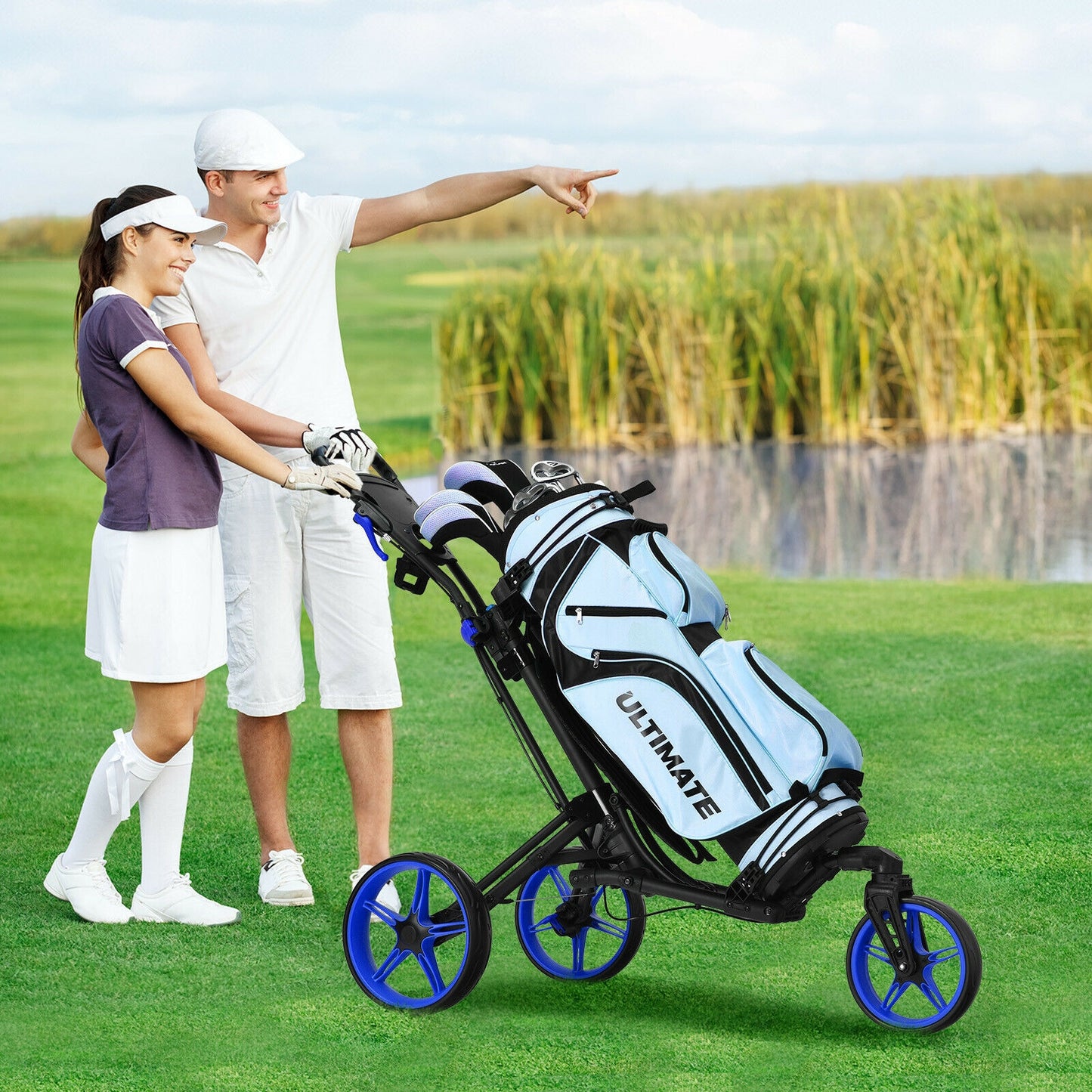 Folding Golf Push Cart with Scoreboard Adjustable Handle Swivel Wheel-Blue