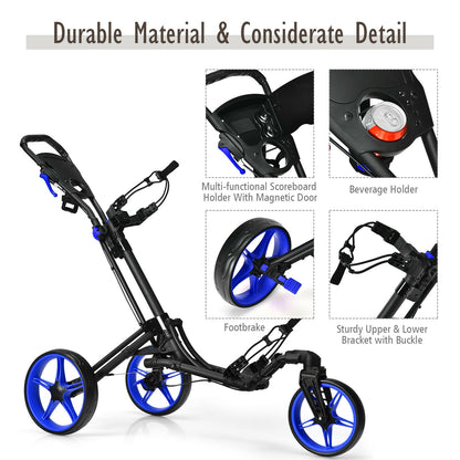 Folding Golf Push Cart with Scoreboard Adjustable Handle Swivel Wheel-Blue