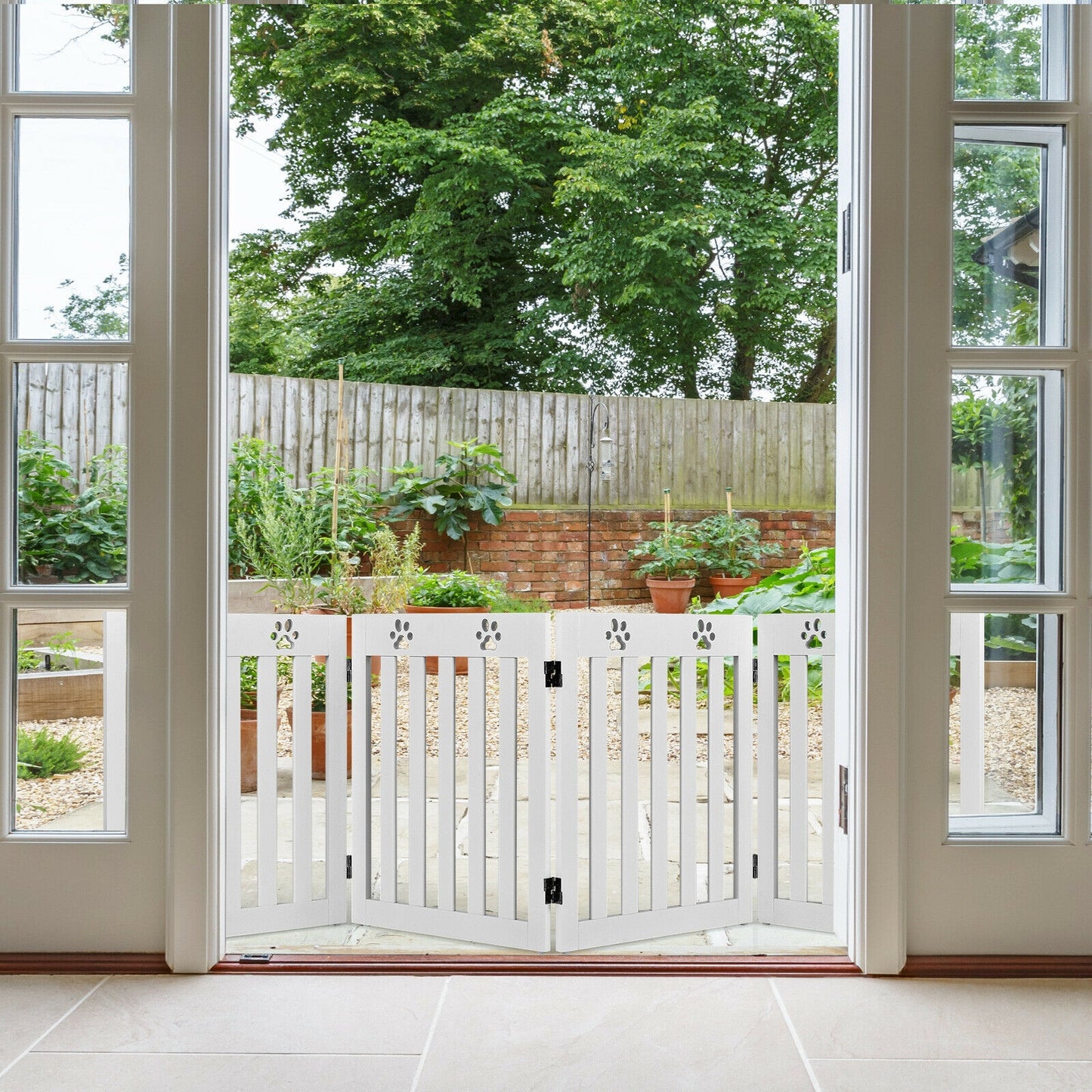 24 Inch Folding Wooden Freestanding Pet Gate Dog Gate with 360° Hinge -White