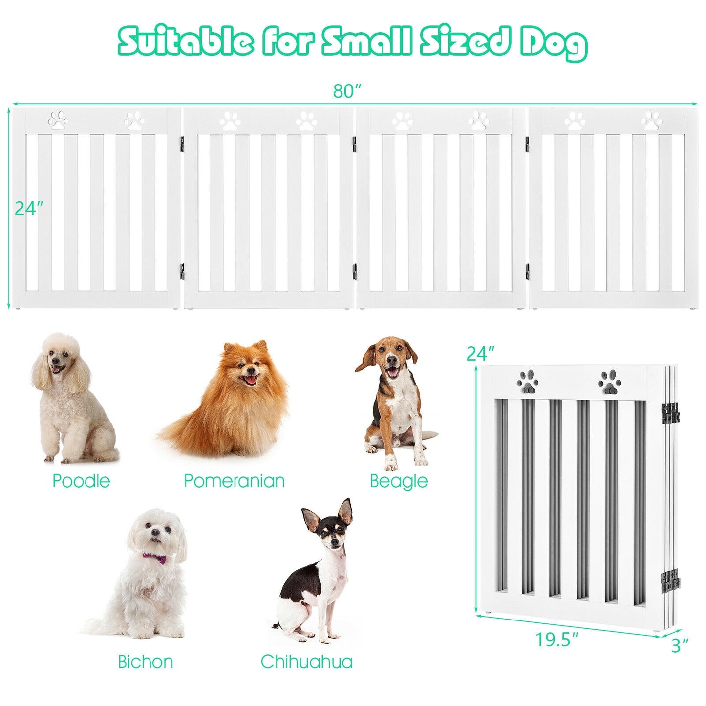 24 Inch Folding Wooden Freestanding Pet Gate Dog Gate with 360° Hinge -White