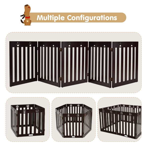 24 Inch Folding Wooden Freestanding Dog Gate with 360° Flexible Hinge for Pet-Dark Brown
