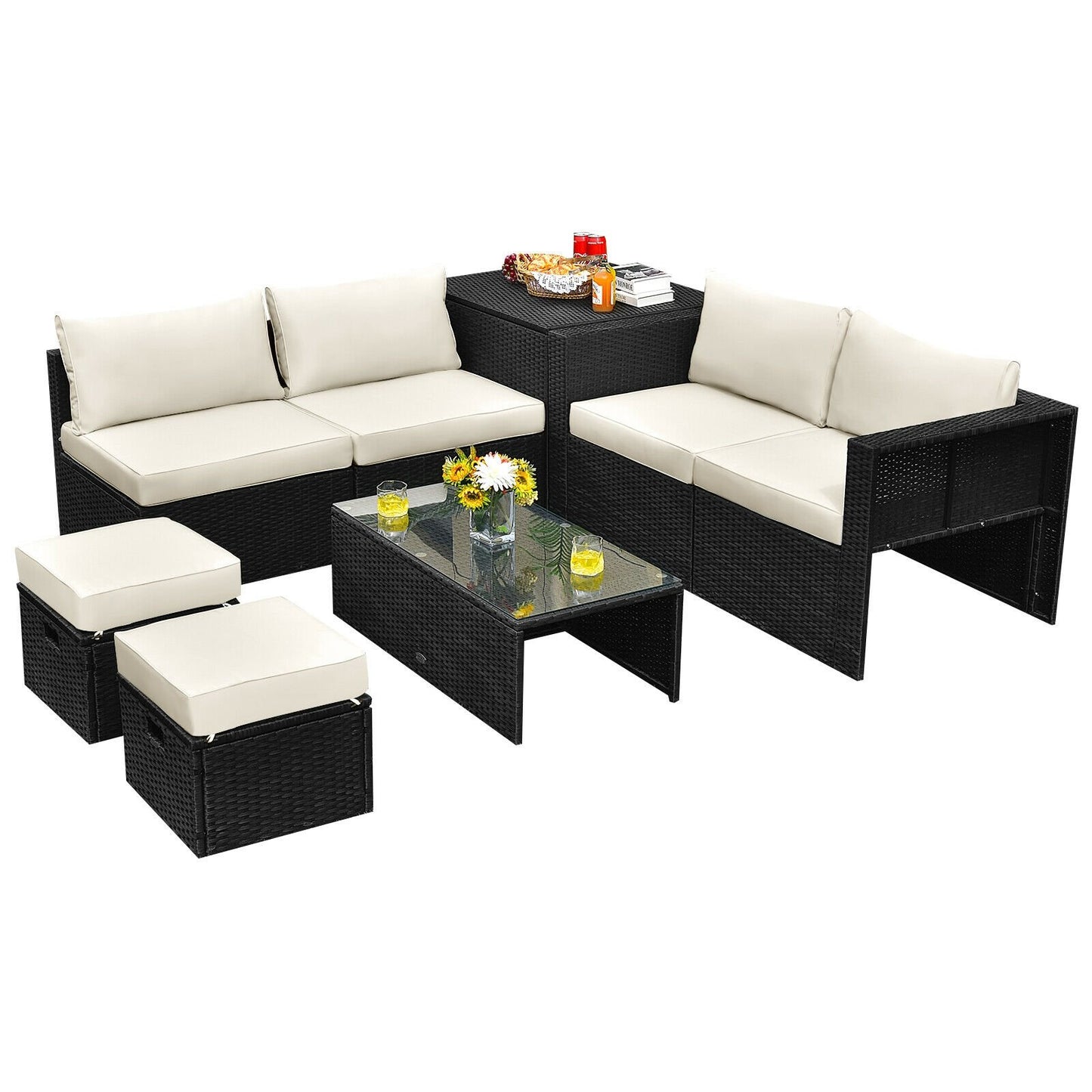 8 Pieces Patio Rattan Storage Table Furniture Set-Black