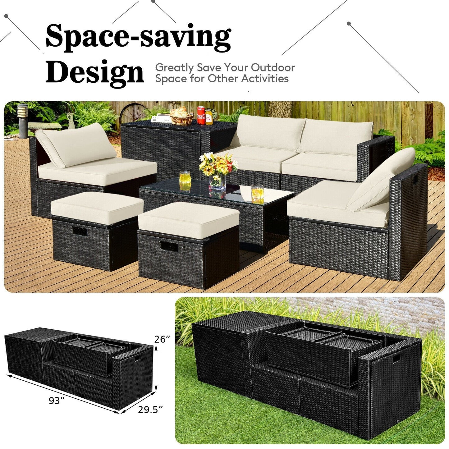 8 Pieces Patio Rattan Storage Table Furniture Set-Black