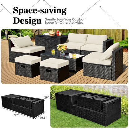 8 Pieces Patio Rattan Storage Table Furniture Set-Black