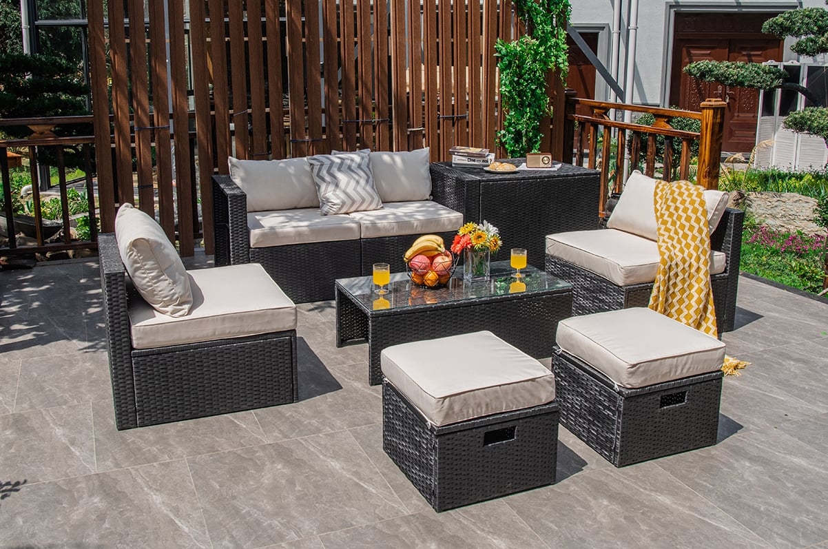 8 Pieces Patio Rattan Storage Table Furniture Set-Black
