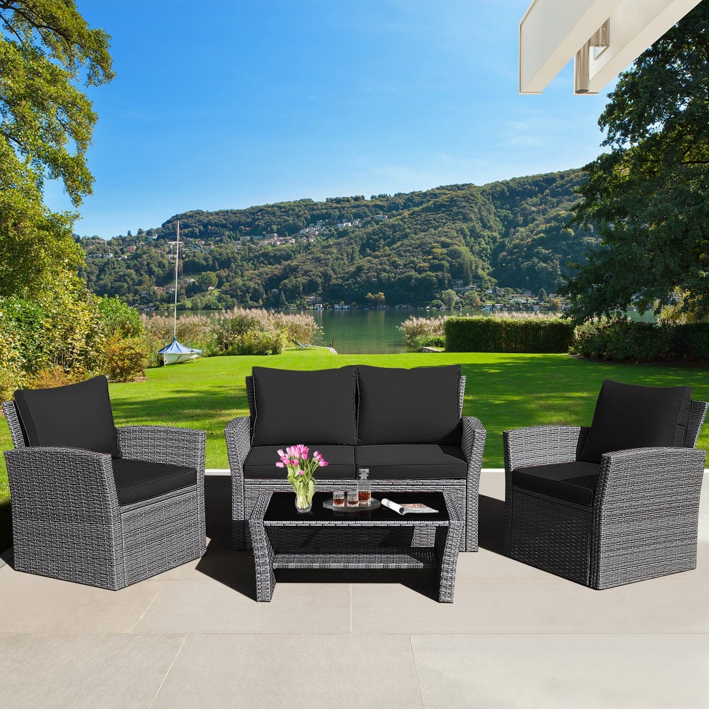 4 Pieces Patio Rattan Furniture Set Sofa Table with Storage Shelf Cushion-Beige