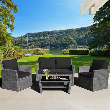 4 Pieces Patio Rattan Furniture Set Sofa Table with Storage Shelf Cushion-Beige
