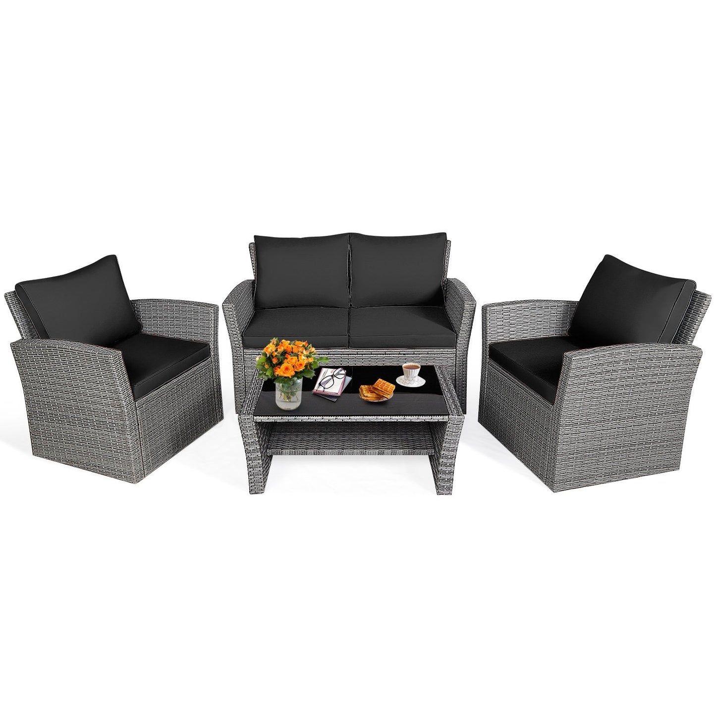 4 Pieces Patio Rattan Furniture Set Sofa Table with Storage Shelf Cushion-Beige