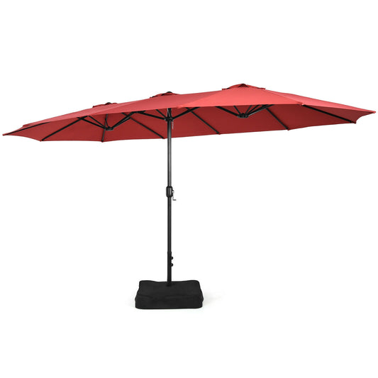15 Feet Double-Sided Twin Patio Umbrella with Crank and Base Coffee in Outdoor Market-Wine