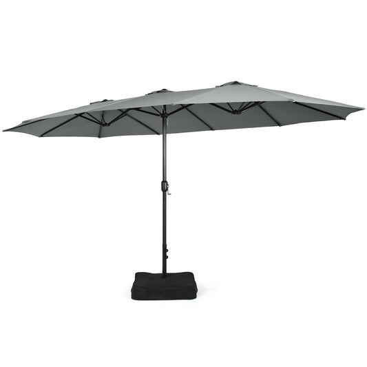 15 Feet Double-Sided Twin Patio Umbrella with Crank and Base Coffee in Outdoor Market-Gray