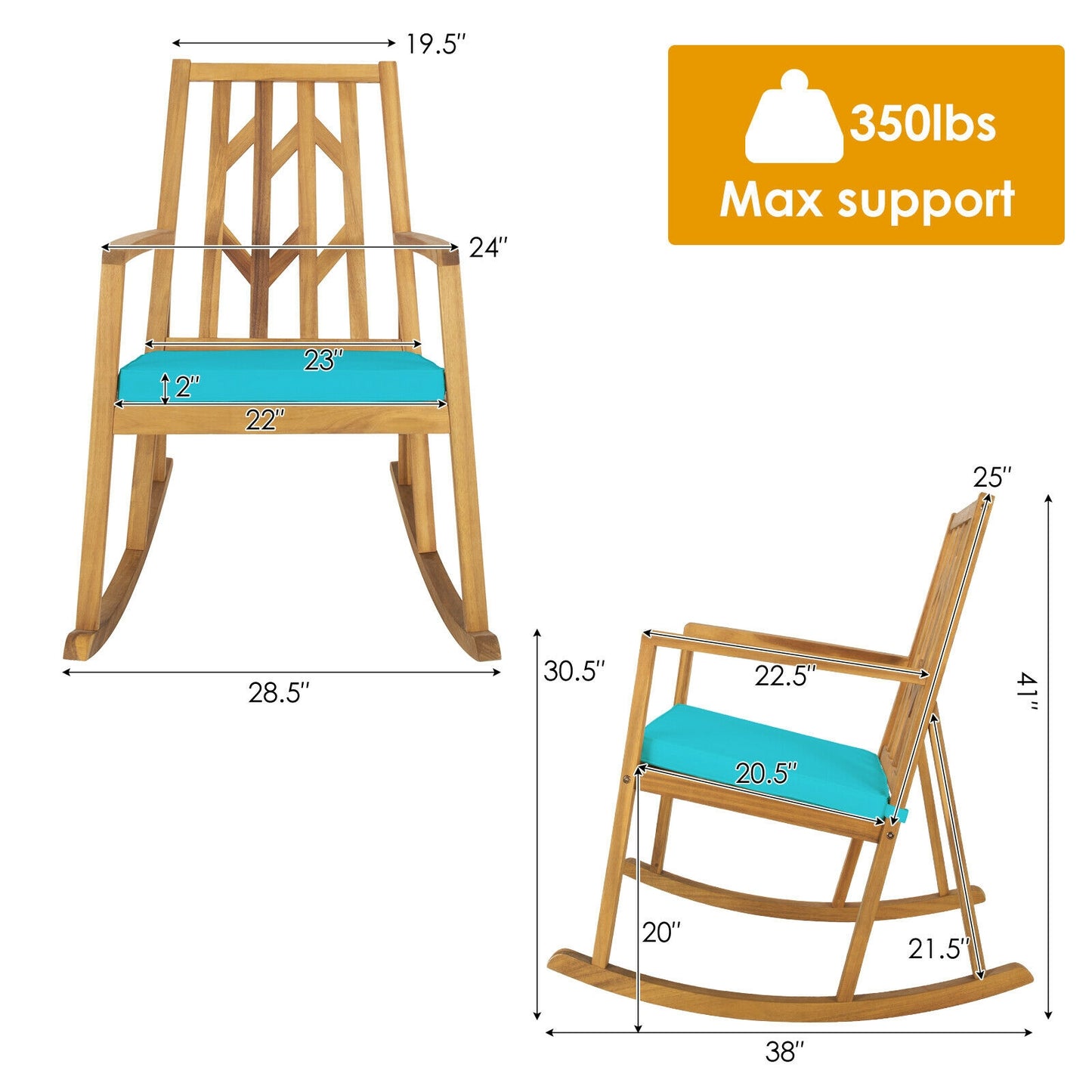 Patio Acacia Wood Rocking Chair Sofa with Armrest and Cushion for Garden and Deck-Turquoise