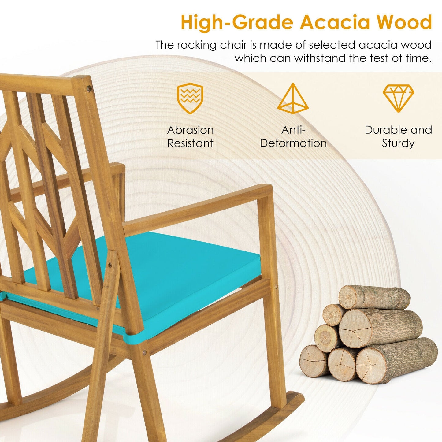 Patio Acacia Wood Rocking Chair Sofa with Armrest and Cushion for Garden and Deck-Turquoise
