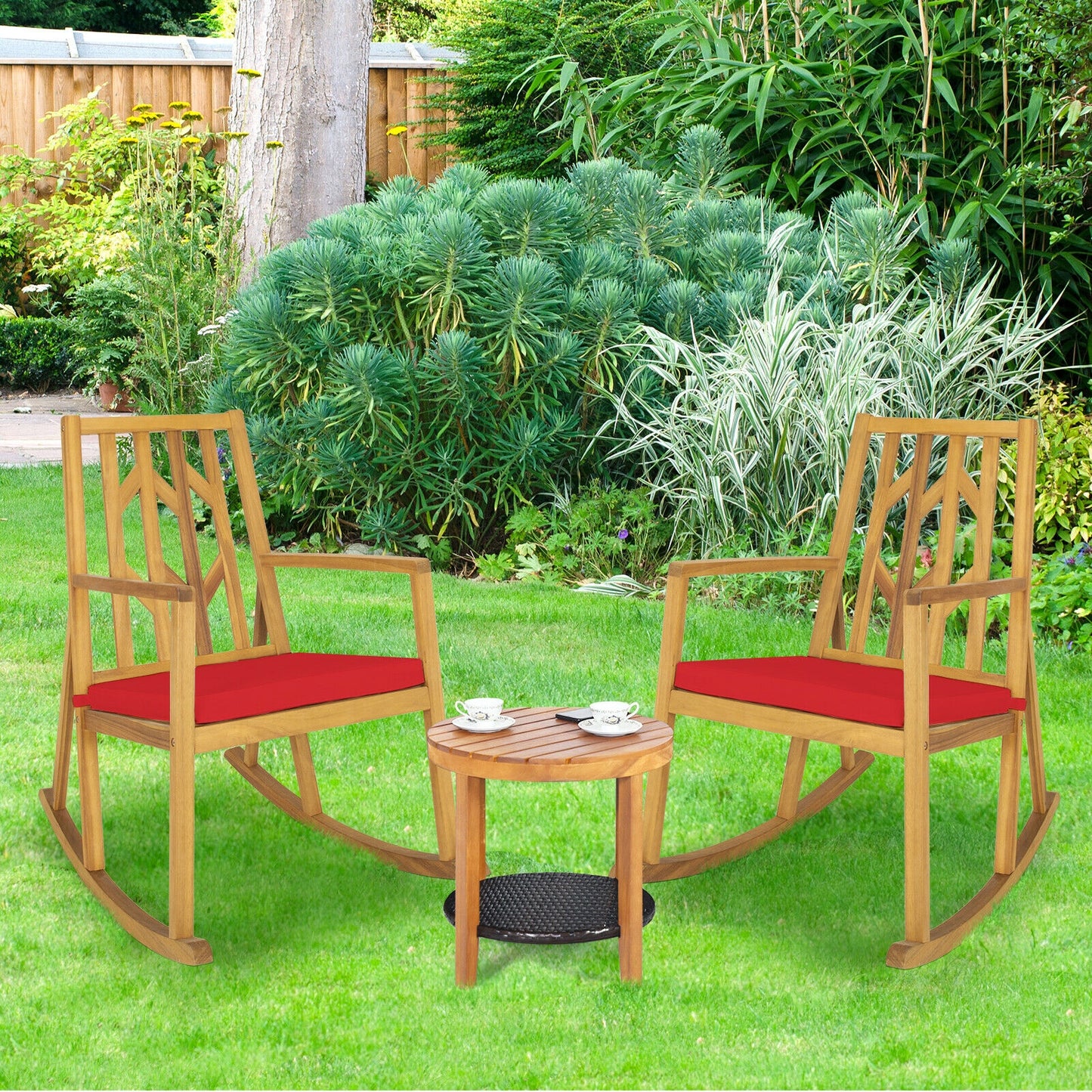 Patio Acacia Wood Rocking Chair Sofa with Armrest and Cushion for Garden and Deck-Red