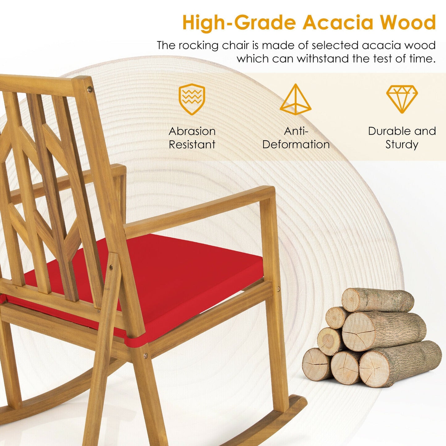 Patio Acacia Wood Rocking Chair Sofa with Armrest and Cushion for Garden and Deck-Red