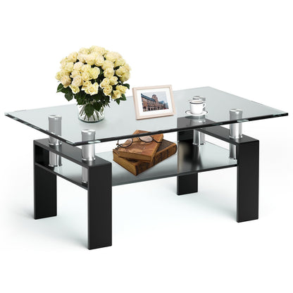 Rectangle Glass Coffee Table with Metal Legs for Living Room-Black