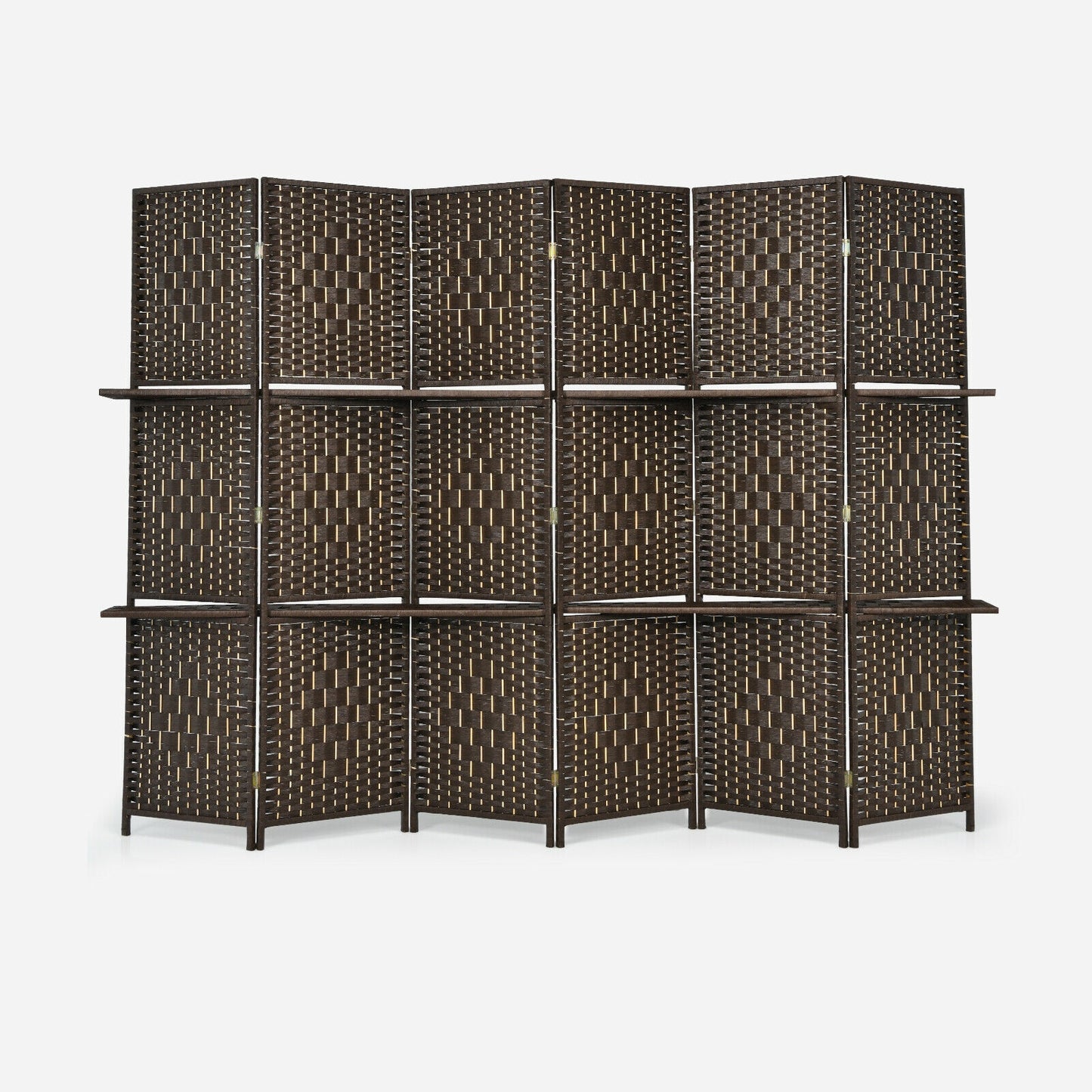6 Panel Folding Weave Fiber Room Divider with 2 Display Shelves -Brown