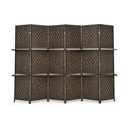 6 Panel Folding Weave Fiber Room Divider with 2 Display Shelves -Brown