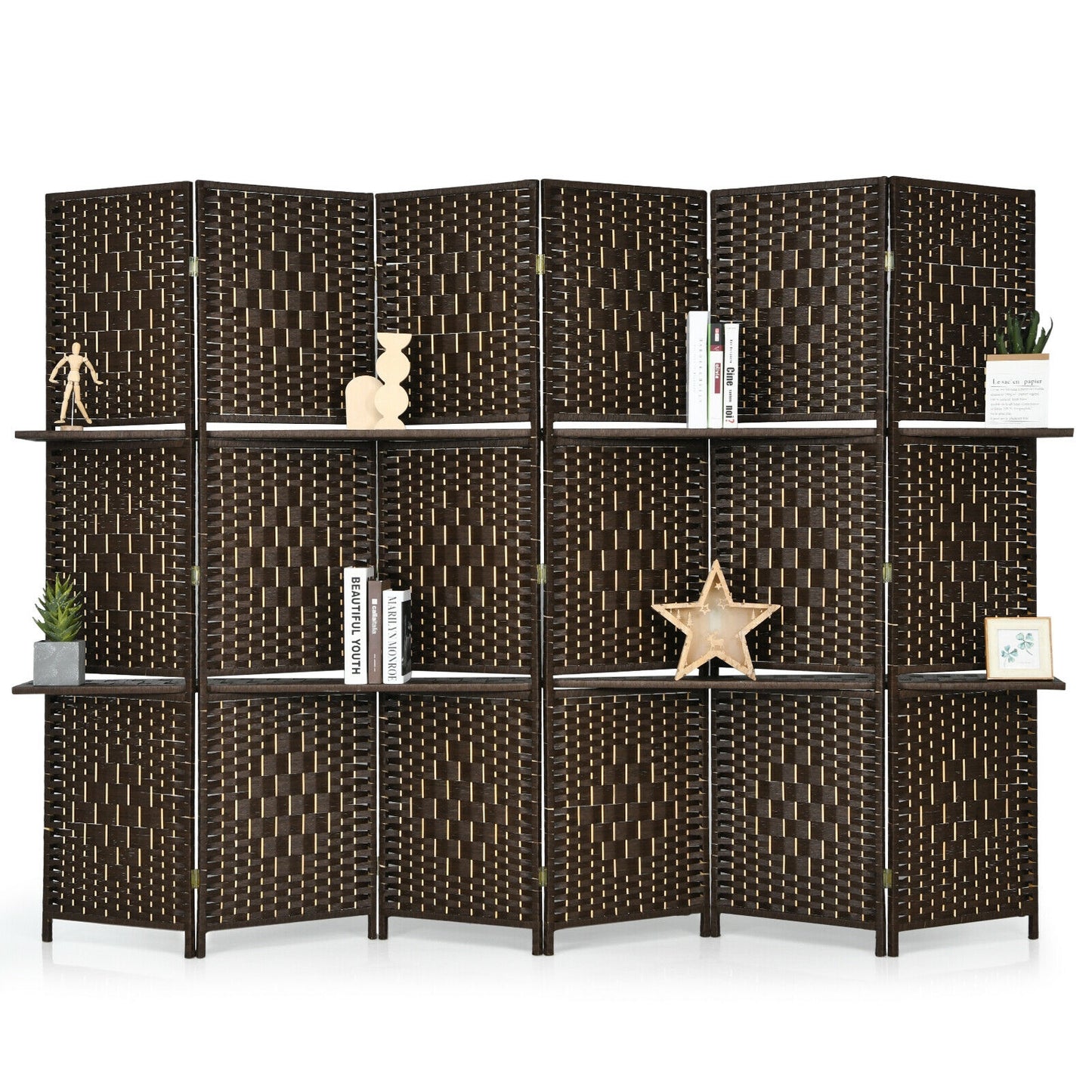 6 Panel Folding Weave Fiber Room Divider with 2 Display Shelves -Brown