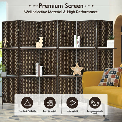 6 Panel Folding Weave Fiber Room Divider with 2 Display Shelves -Brown