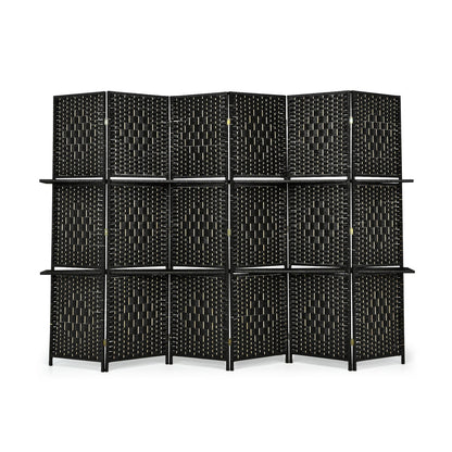 6 Panel Folding Weave Fiber Room Divider with 2 Display Shelves -Black