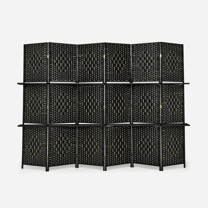 6 Panel Folding Weave Fiber Room Divider with 2 Display Shelves -Black