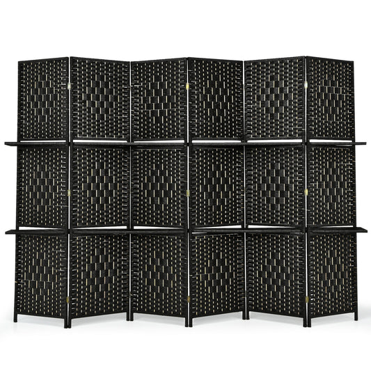 6 Panel Folding Weave Fiber Room Divider with 2 Display Shelves -Black