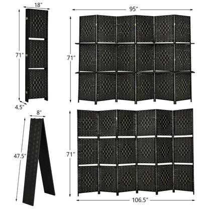 6 Panel Folding Weave Fiber Room Divider with 2 Display Shelves -Black