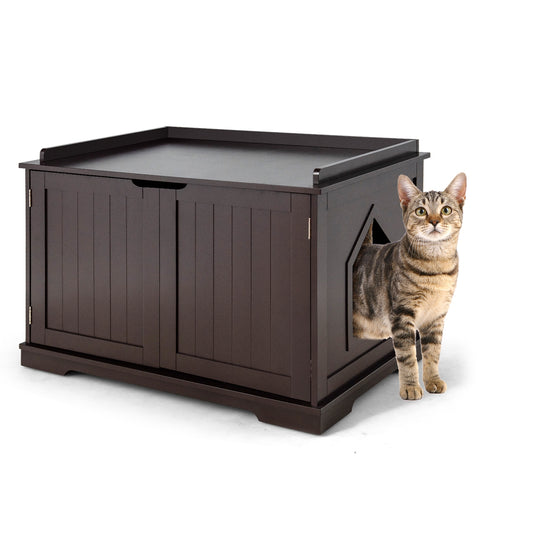 Cat Litter Box Enclosure with Double Doors for Large Cat and Kitty-Brown