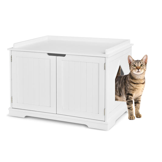 Cat Litter Box Enclosure with Double Doors for Large Cat and Kitty-White
