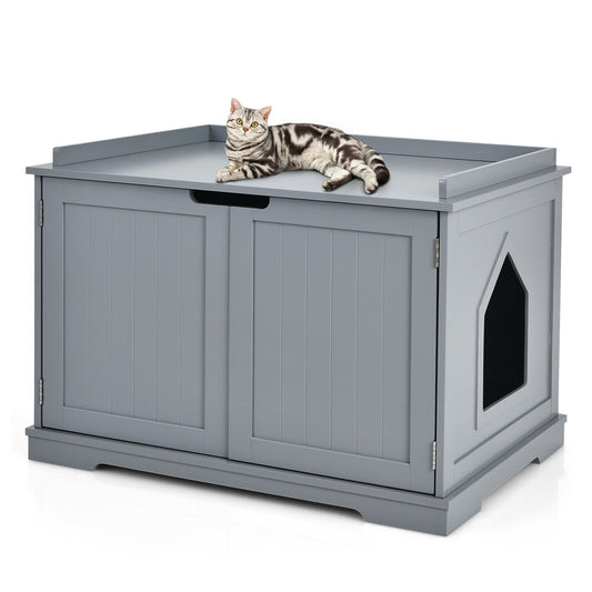 Cat Litter Box Enclosure with Double Doors for Large Cat and Kitty-Gray