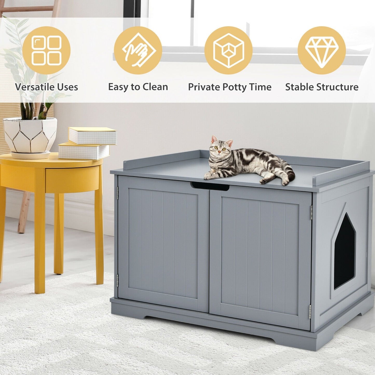 Cat Litter Box Enclosure with Double Doors for Large Cat and Kitty-Black