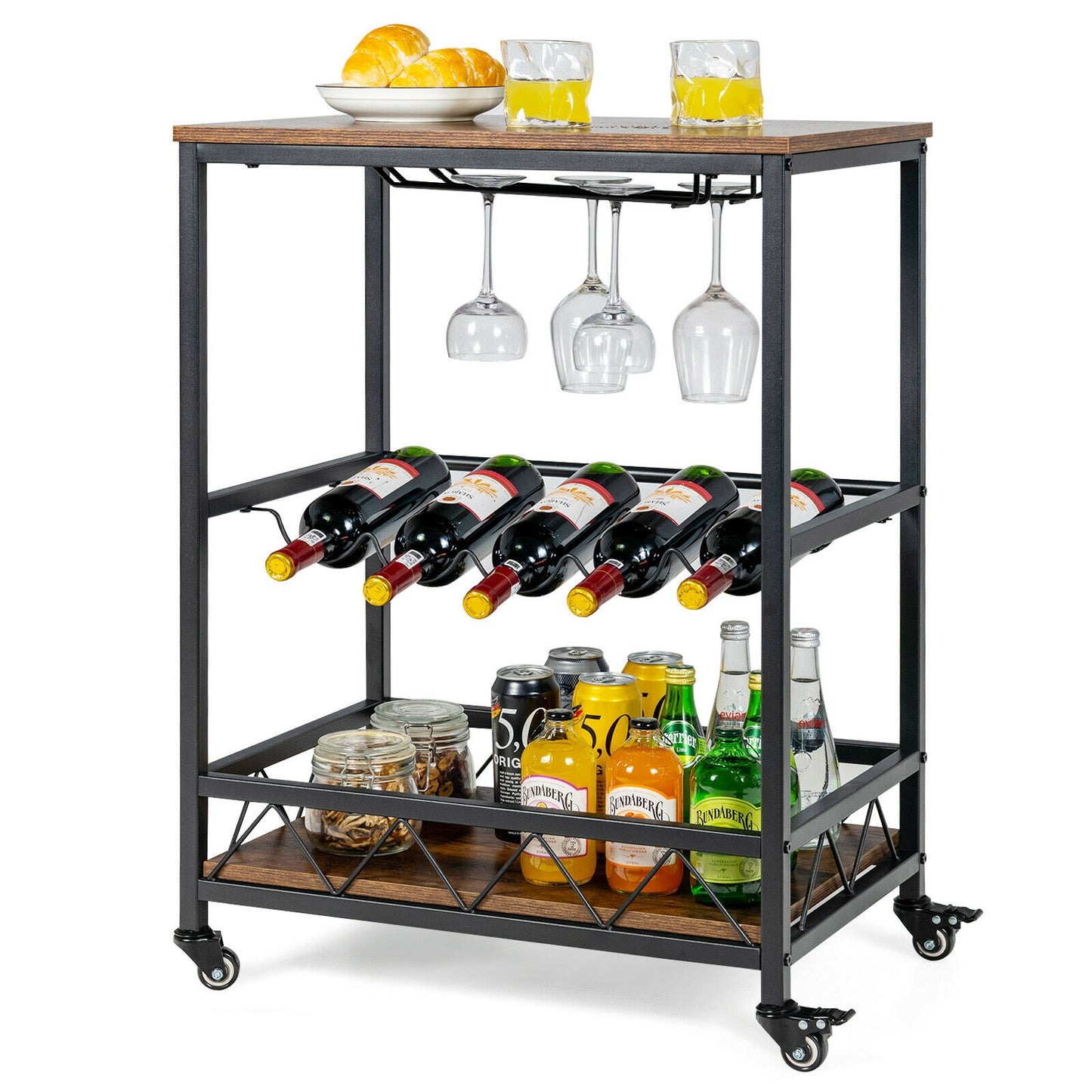 Kitchen Bar Cart Serving Trolley on Wheels with Wine Rack Glass Holder-Rustic Brown