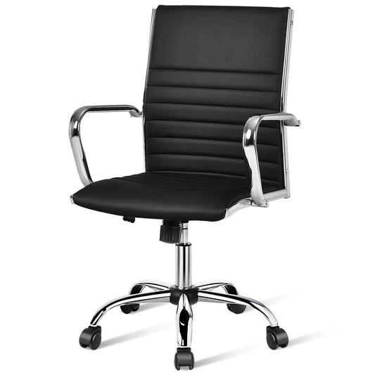 PU Leather Office Chair High Back Conference Task Chair with Armrests-Black