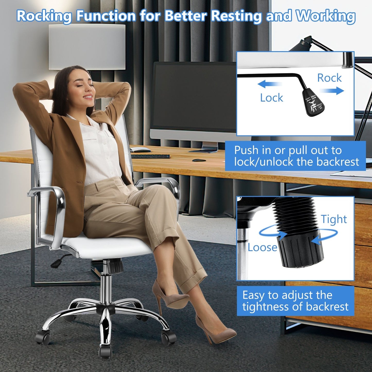 PU Leather Office Chair High Back Conference Task Chair with Armrests-Black