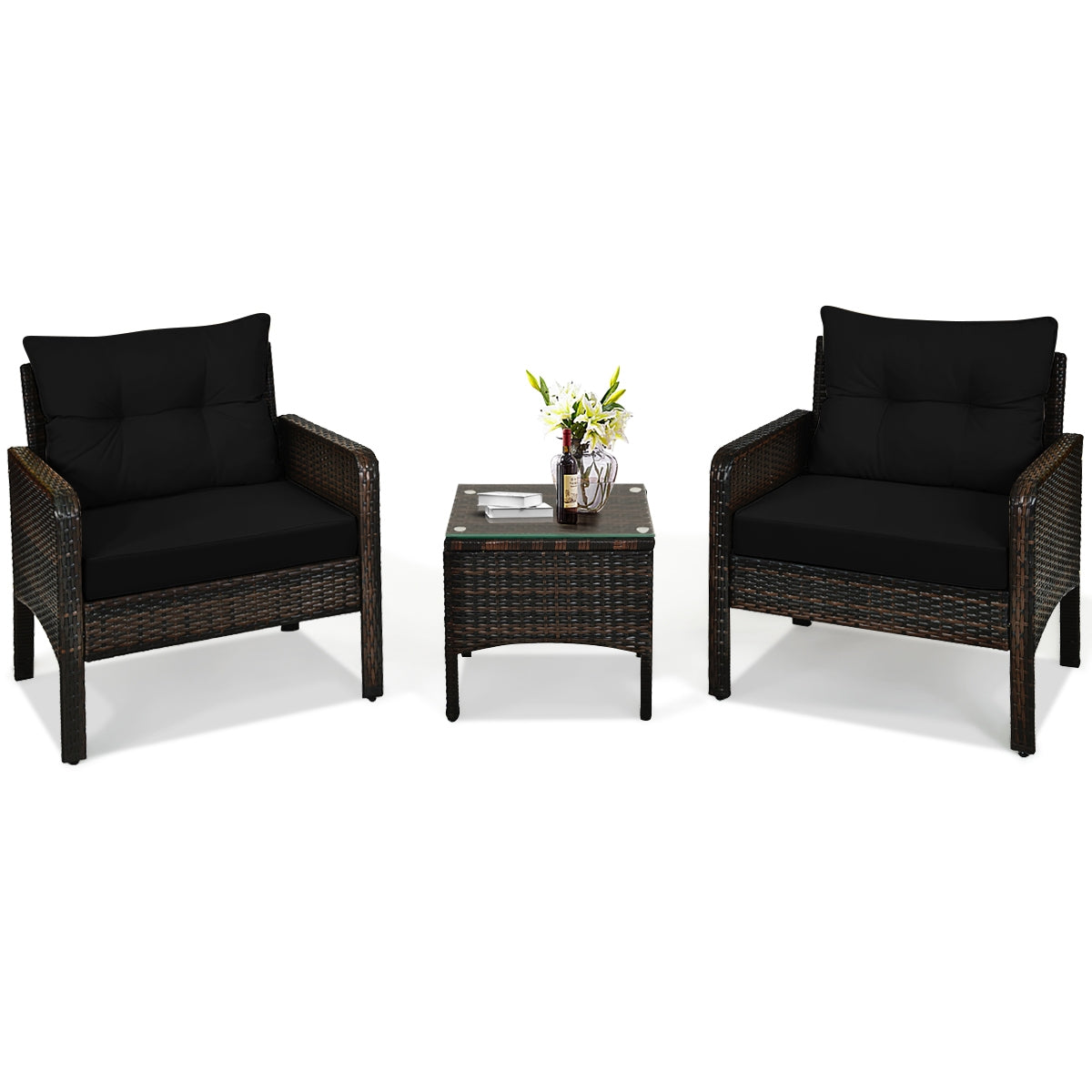 3 Pieces Outdoor Patio Rattan Conversation Set with Seat Cushions-Beige