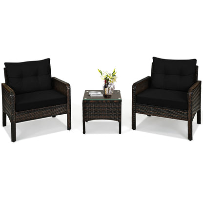 3 Pieces Outdoor Patio Rattan Conversation Set with Seat Cushions-Beige