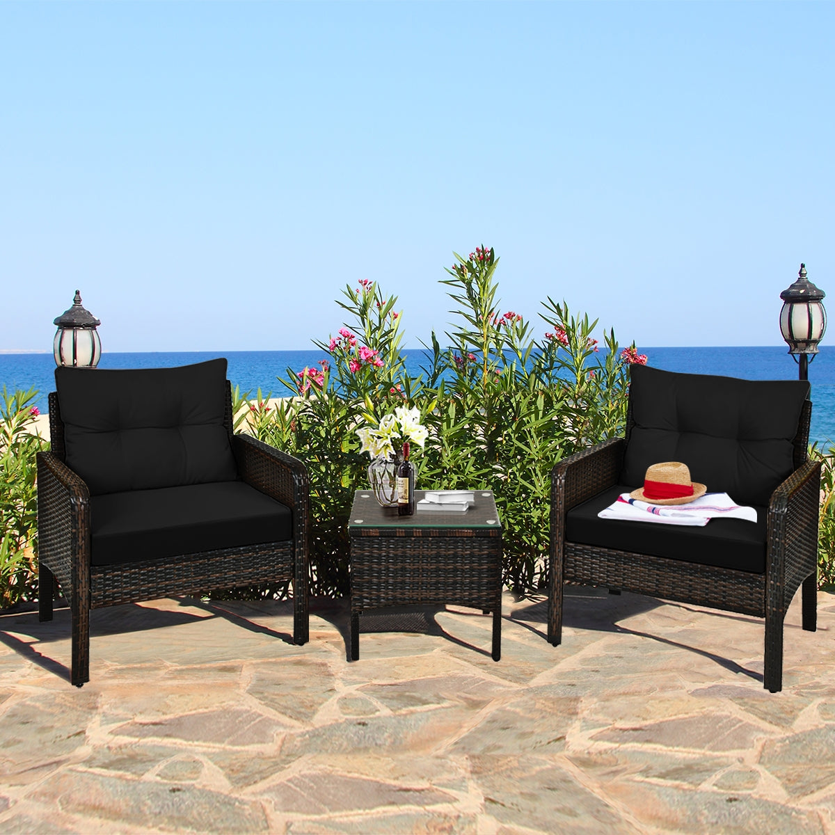 3 Pieces Outdoor Patio Rattan Conversation Set with Seat Cushions-Beige