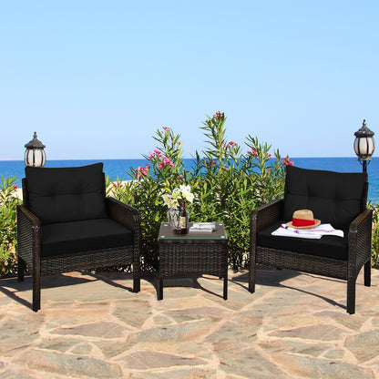 3 Pieces Outdoor Patio Rattan Conversation Set with Seat Cushions-Beige