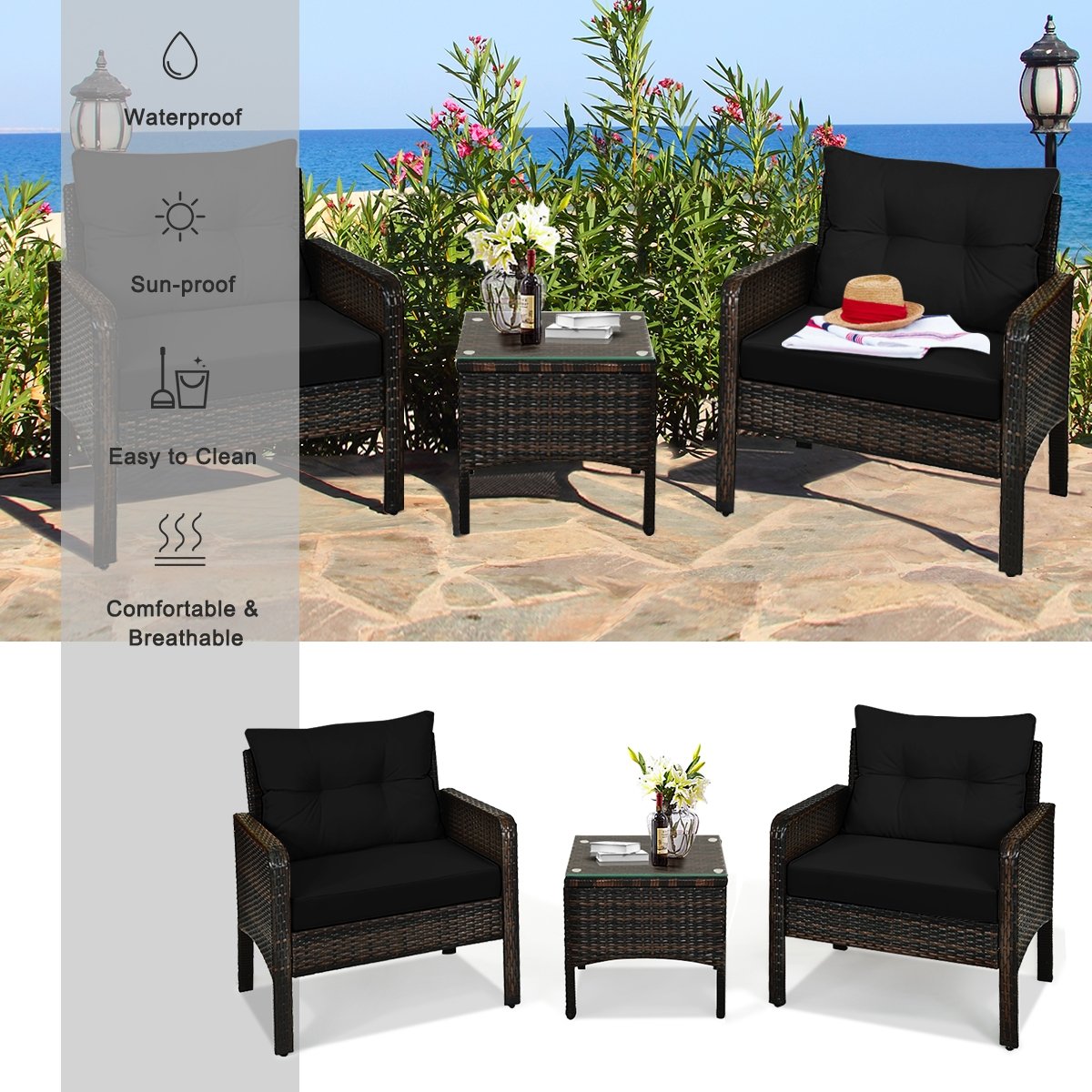 3 Pieces Outdoor Patio Rattan Conversation Set with Seat Cushions-Beige