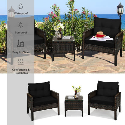 3 Pieces Outdoor Patio Rattan Conversation Set with Seat Cushions-Beige