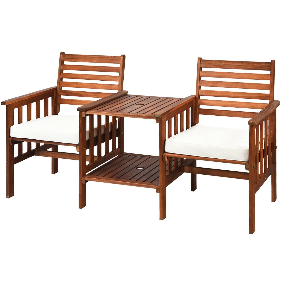 3 pcs Outdoor Patio Table Chairs Set Acacia Wood Loveseat-Red