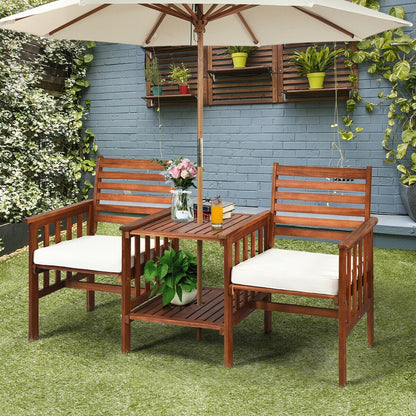 3 pcs Outdoor Patio Table Chairs Set Acacia Wood Loveseat-Red