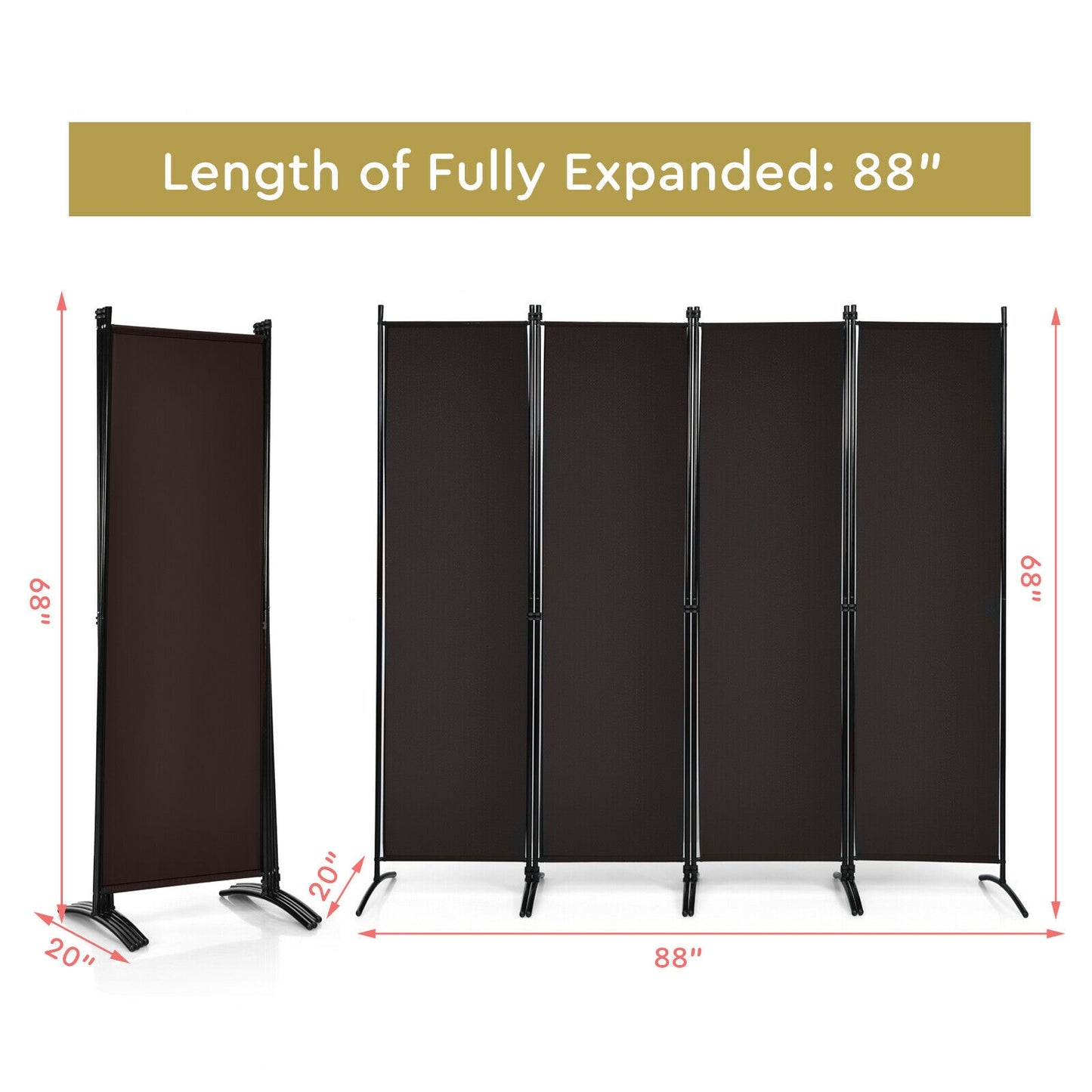 4-Panel  Room Divider with Steel Frame-Brown