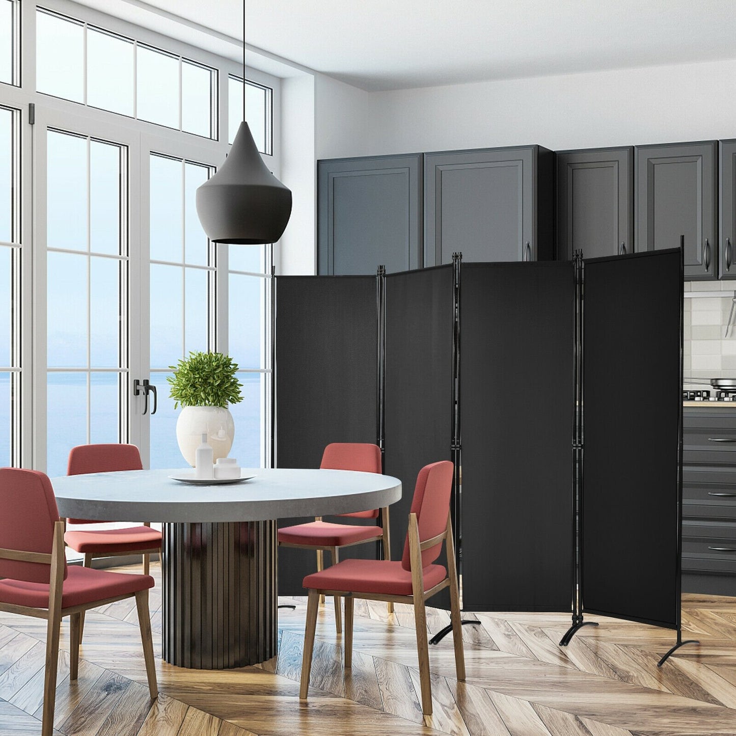 4-Panel  Room Divider with Steel Frame-Black